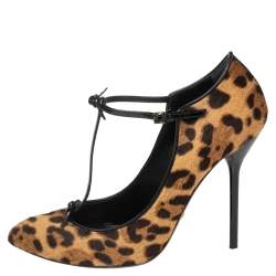 مملوكة مسبقًا Gucci Brown/Beige Leopard Print Calf Hair Beverly T-Strap Pumps Size 37