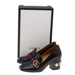 Pre Owned Gucci Black Leather Pearl Embellished Double G Web Mid Heel Loafer Pumps Size 37.5