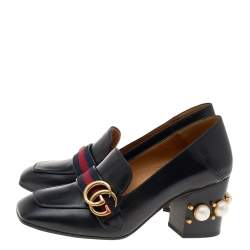 Pre Owned Gucci Black Leather Pearl Embellished Double G Web Mid Heel Loafer Pumps Size 37.5