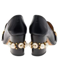 Pre Owned Gucci Black Leather Pearl Embellished Double G Web Mid Heel Loafer Pumps Size 37.5