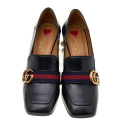 Pre Owned Gucci Black Leather Pearl Embellished Double G Web Mid Heel Loafer Pumps Size 37.5