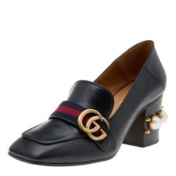 Pre Owned Gucci Black Leather Pearl Embellished Double G Web Mid Heel Loafer Pumps Size 37.5