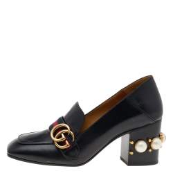 Pre Owned Gucci Black Leather Pearl Embellished Double G Web Mid Heel Loafer Pumps Size 37.5