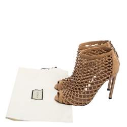 Pre Owned Gucci Dark Beige Woven Leather and Suede Ankle Booties Size 38.5