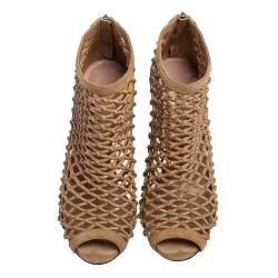 Pre Owned Gucci Dark Beige Woven Leather and Suede Ankle Booties Size 38.5