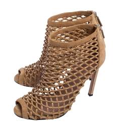 Pre Owned Gucci Dark Beige Woven Leather and Suede Ankle Booties Size 38.5