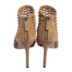 Pre Owned Gucci Dark Beige Woven Leather and Suede Ankle Booties Size 38.5