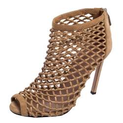 Pre Owned Gucci Dark Beige Woven Leather and Suede Ankle Booties Size 38.5