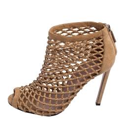 Pre Owned Gucci Dark Beige Woven Leather and Suede Ankle Booties Size 38.5