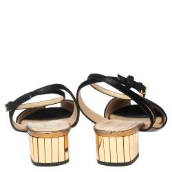 Pre Owned Gucci Black/Gold Suede Peep-Toe Block Heel Ankle-Strap Sandals Size 37.5 