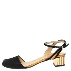 Pre Owned Gucci Black/Gold Suede Peep-Toe Block Heel Ankle-Strap Sandals Size 37.5 