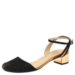 Pre Owned Gucci Black/Gold Suede Peep-Toe Block Heel Ankle-Strap Sandals Size 37.5 