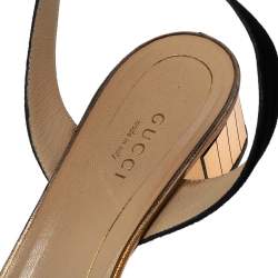Pre Owned Gucci Black/Gold Suede Peep-Toe Block Heel Ankle-Strap Sandals Size 37.5 