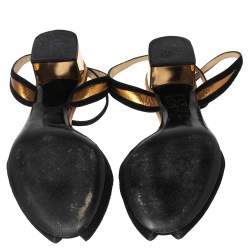 Pre Owned Gucci Black/Gold Suede Peep-Toe Block Heel Ankle-Strap Sandals Size 37.5 