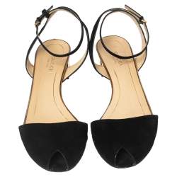Pre Owned Gucci Black/Gold Suede Peep-Toe Block Heel Ankle-Strap Sandals Size 37.5 