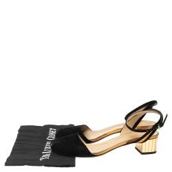 Pre Owned Gucci Black/Gold Suede Peep-Toe Block Heel Ankle-Strap Sandals Size 37.5 