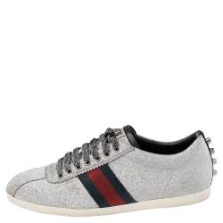 Pre Owned حذاء رياضي غوتشي  ويب ميتالك فضي مزين غليترعنق منخفض مقاس 40