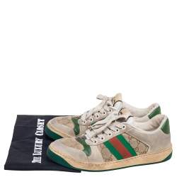 Pre Owned Gucci Beige/Grey GG Canvas and Nubuck Leather Lace Up Sneakers Size 38.5