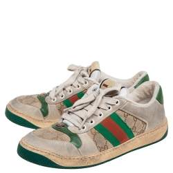 Pre Owned Gucci Beige/Grey GG Canvas and Nubuck Leather Lace Up Sneakers Size 38.5