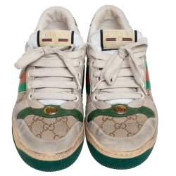 Pre Owned Gucci Beige/Grey GG Canvas and Nubuck Leather Lace Up Sneakers Size 38.5