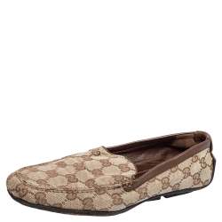 Pre Owned Gucci Beige GG Canvas and Leather Vintage Loafers Size 36