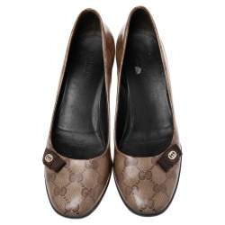 Pre Owned Gucci Brown/Beige GG Crystal Canvas Bow Round-Toe Pumps Size 35.5
