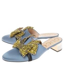 مملوكة مسبقًا صندل سلايد غوتشي كاندي ساتان رصاصي داكن مزخرف فيونكة مقاس 39.5