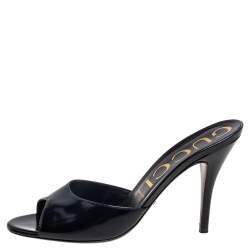 Pre Owned صندل سلايد غوتشي جلد لامع أسود م قدمة مفتوحة مقاس 39.5