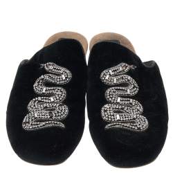 Pre Owned Gucci Black Velvet Snake Embroidered Mules Size 39