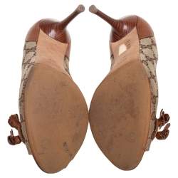 Pre Owned Gucci Brown/Beige Leather and GG Canvas Tassel Detail Peep-Toe Pumps Size 39.5