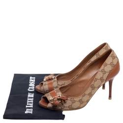 Pre Owned Gucci Brown/Beige Leather and GG Canvas Tassel Detail Peep-Toe Pumps Size 39.5