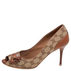 Pre Owned Gucci Brown/Beige Leather and GG Canvas Tassel Detail Peep-Toe Pumps Size 39.5
