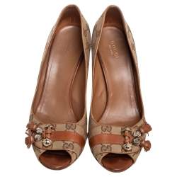 Pre Owned Gucci Brown/Beige Leather and GG Canvas Tassel Detail Peep-Toe Pumps Size 39.5