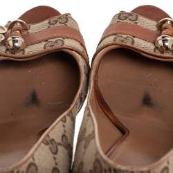 Pre Owned Gucci Brown/Beige Leather and GG Canvas Tassel Detail Peep-Toe Pumps Size 39.5
