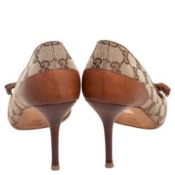 Pre Owned Gucci Brown/Beige Leather and GG Canvas Tassel Detail Peep-Toe Pumps Size 39.5