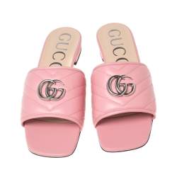 Pre Owned Gucci Pink Matelassé Leather GG Marmont Flat Slide Sandals Size 40