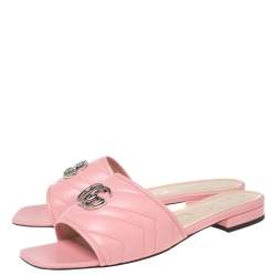 Pre Owned Gucci Pink Matelassé Leather GG Marmont Flat Slide Sandals Size 40