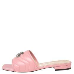 Pre Owned Gucci Pink Matelassé Leather GG Marmont Flat Slide Sandals Size 40
