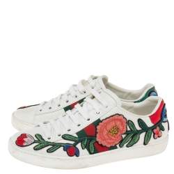 Gucci White Floral Embroidered Leather Ace Low-Top Sneakers Size 35
