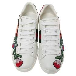 Gucci White Floral Embroidered Leather Ace Low-Top Sneakers Size 35