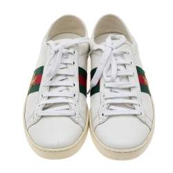 Pre Owned حذاء رياضي غوتشي أيس ويب جلد أبيض عنق منخفض مقاس 37.5