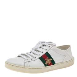 Pre Owned حذاء رياضي غوتشي أيس ويب جلد أبيض عنق منخفض مقاس 37.5