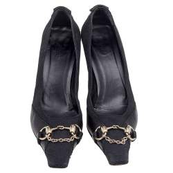 Pre Owned Gucci Black GG Canvas And Leather Horsebit Pumps Size 37.5