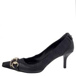 Pre Owned Gucci Black GG Canvas And Leather Horsebit Pumps Size 37.5