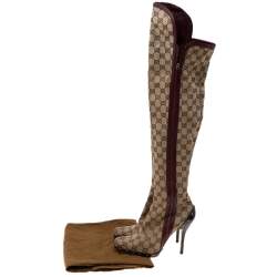 Pre Owned Gucci Beige/Burgundy GG Canvas And Leather Thigh High Boots Size 38