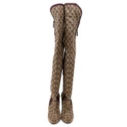 Pre Owned Gucci Beige/Burgundy GG Canvas And Leather Thigh High Boots Size 38