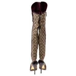 Pre Owned Gucci Beige/Burgundy GG Canvas And Leather Thigh High Boots Size 38