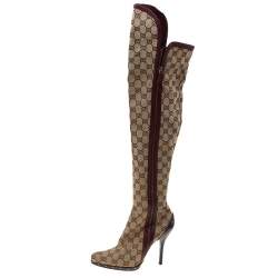 Gucci Beige/Burgundy GG Canvas And Leather Thigh High Boots Size