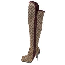 Pre Owned Gucci Beige/Burgundy GG Canvas And Leather Thigh High Boots Size 38