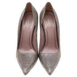 Gucci Metallic Grey Python Horsebit Pointed Toe Pumps Size 37.5